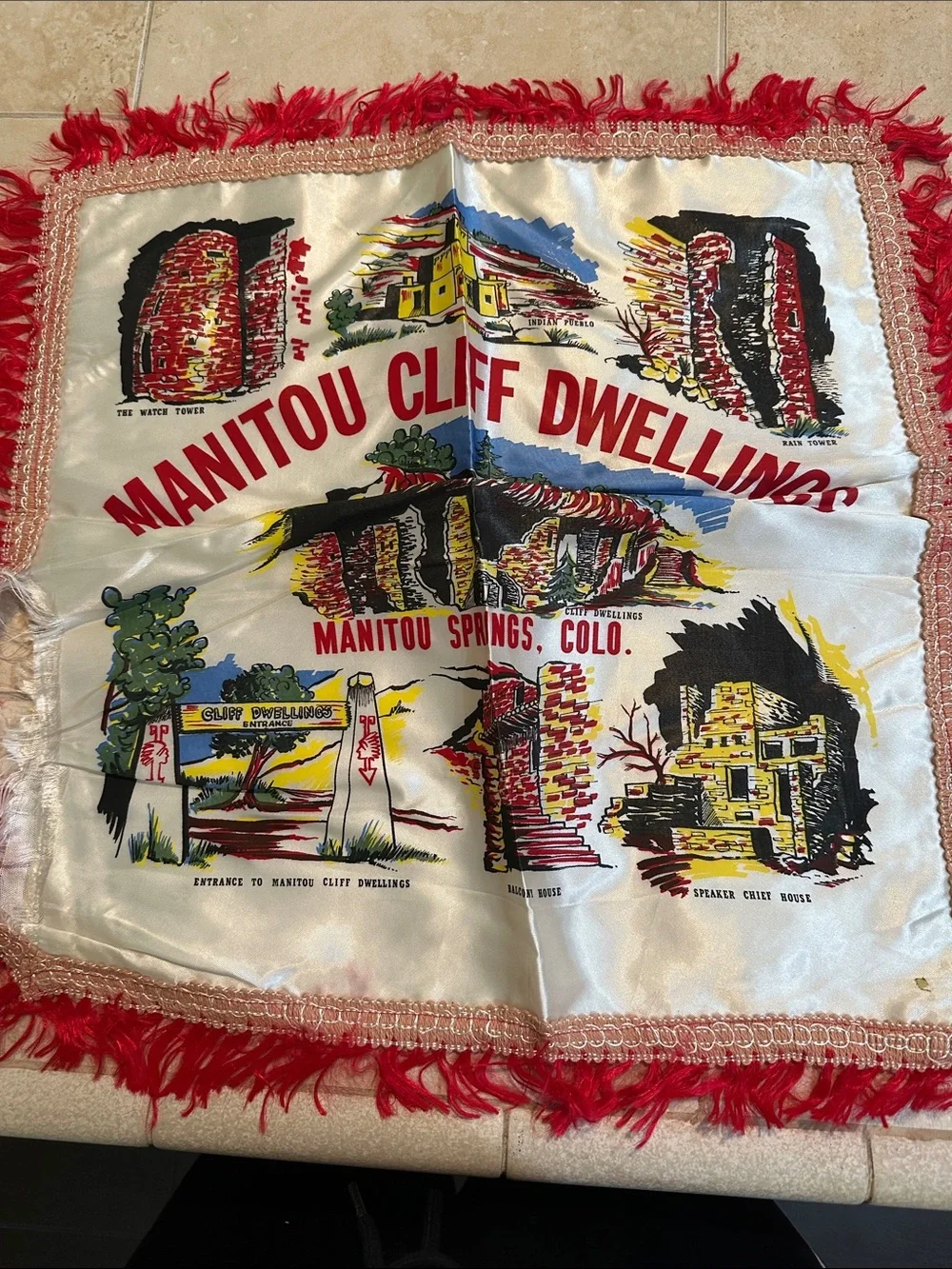 Vintage Scenic Souvenir Silk Scarves - Pink, Cream & Black Prints.